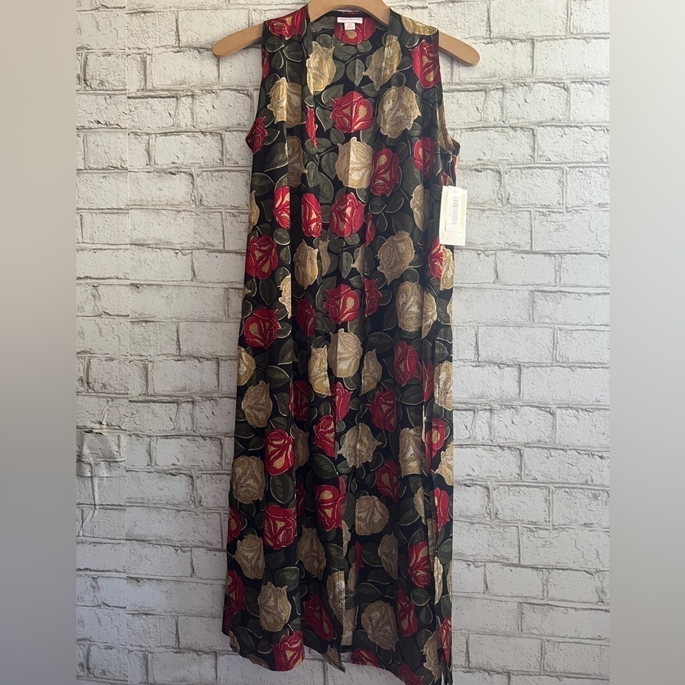 NEW! Floral Joy Duster Lularoe Roses with black background longline vest Size XS